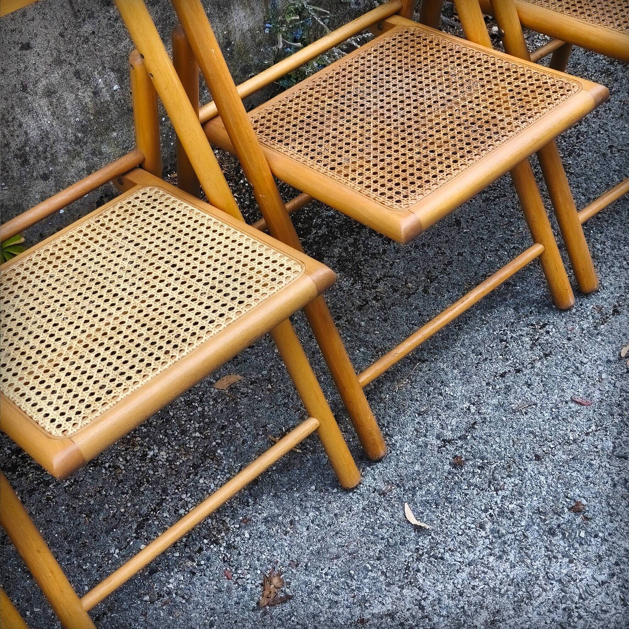 Set of 4 folding chairs in beech and caning by Habitat, 1980s.