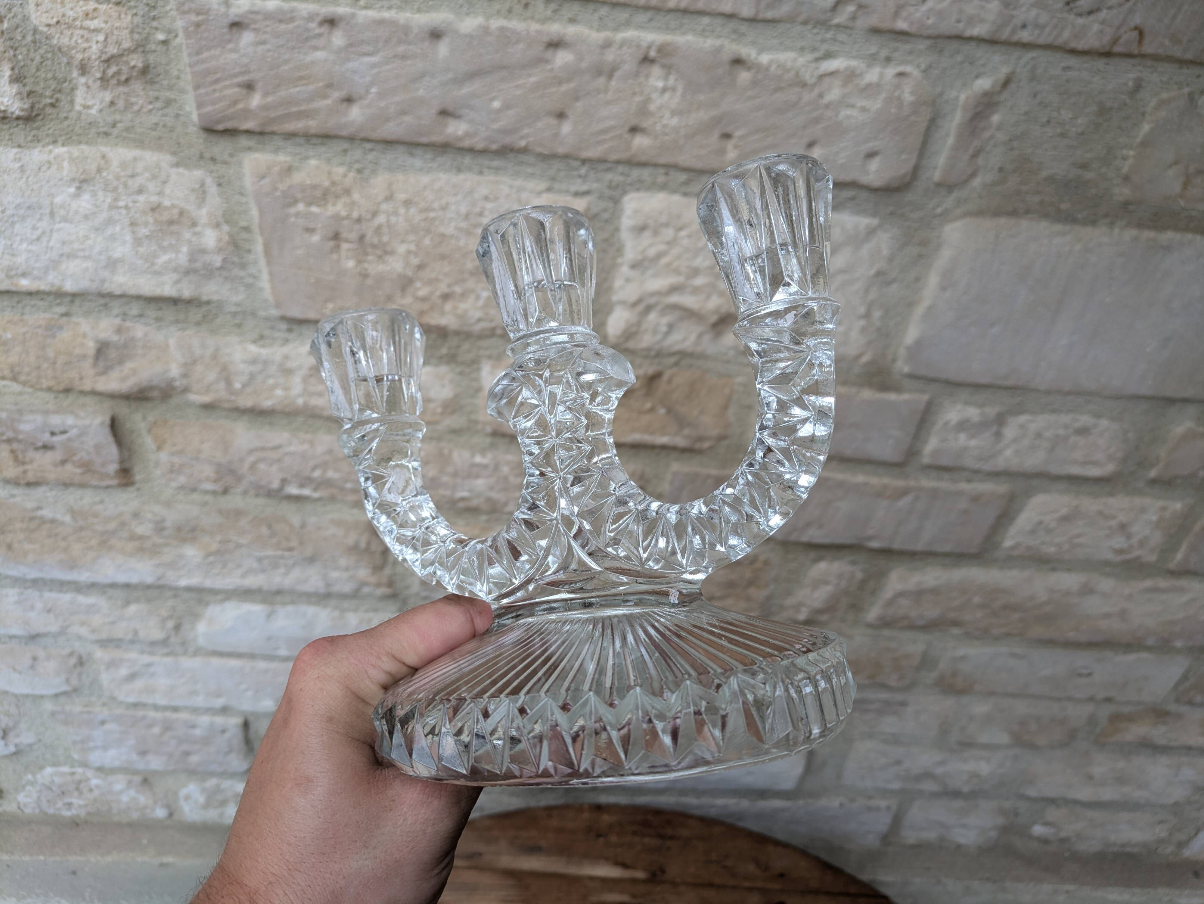 Antique molded glass candle holder for 3 taper candles