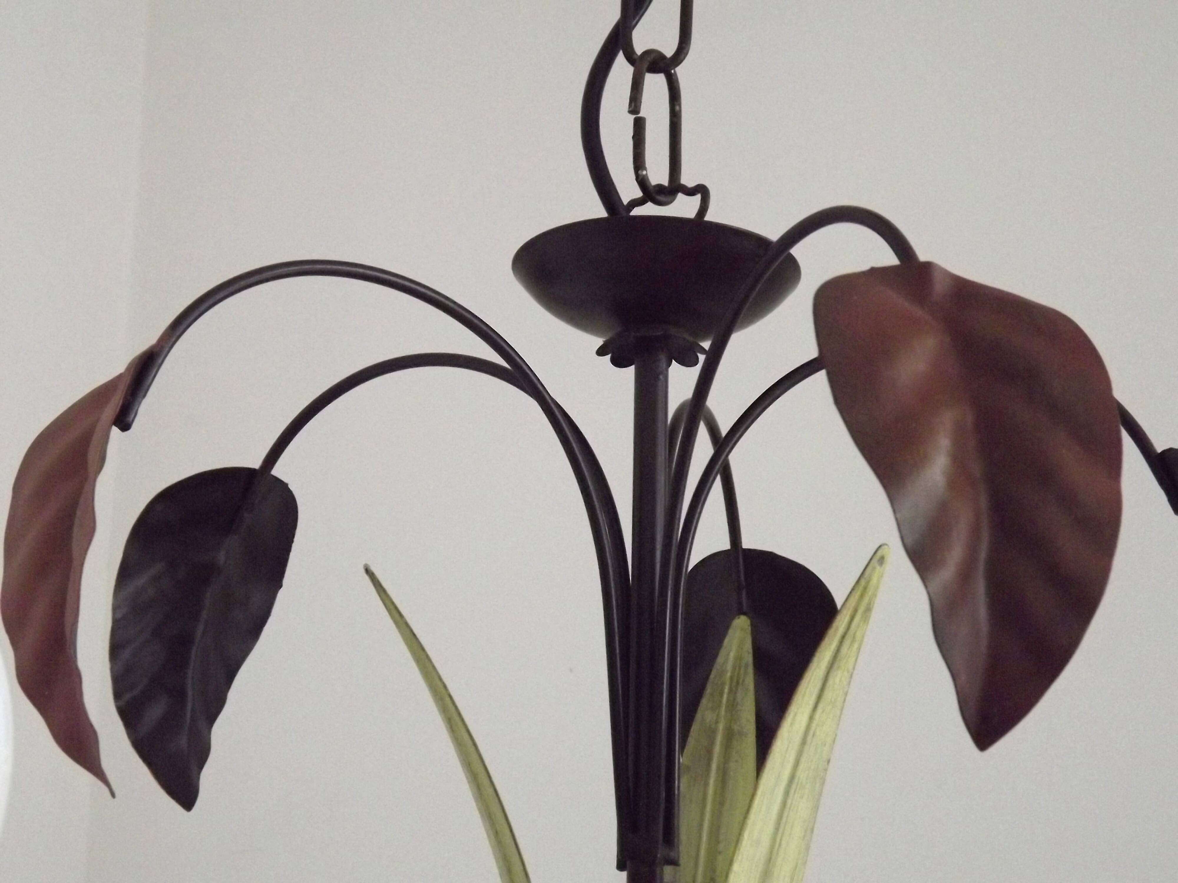 French Vintage 5 Light Brown & Green Tied Boquet Leaf Chandelier