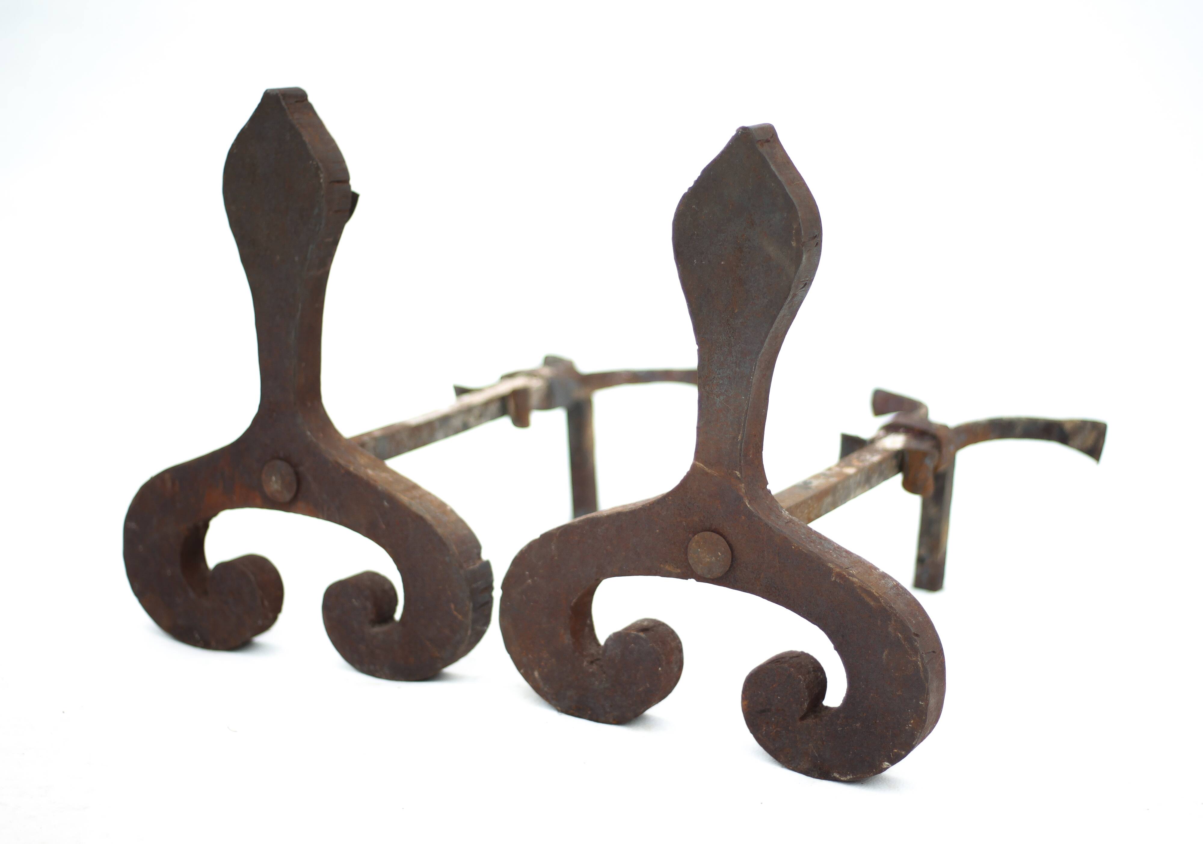 Vintage chenets, pair of brutalist chenets, fireplace accessory.