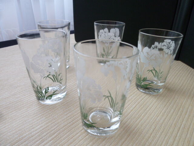 Set of 5 old glasses cups screen-printed décor signed SN Souchon Neuvesel
