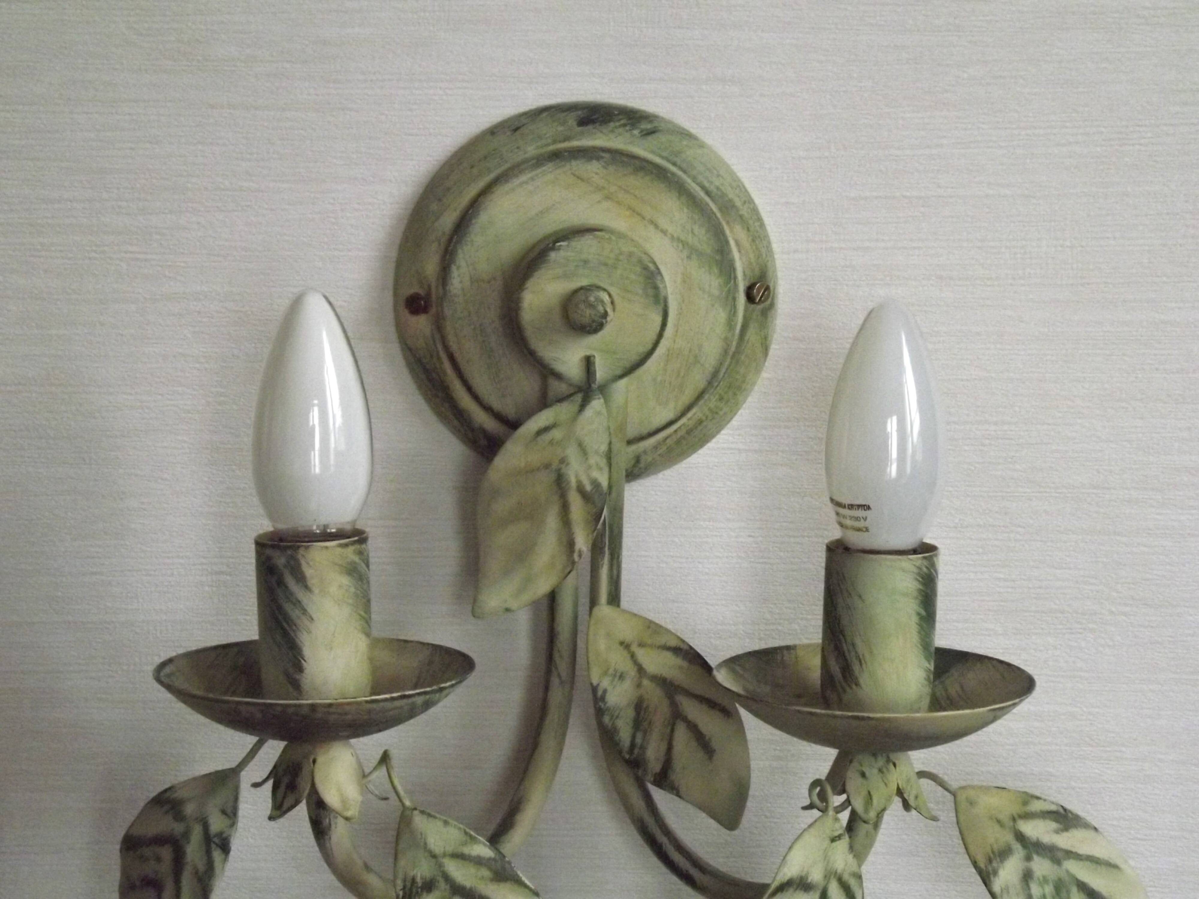 Pair of Vintage Italian Double Wall Lights Leaf Detail Green & Gold Finish