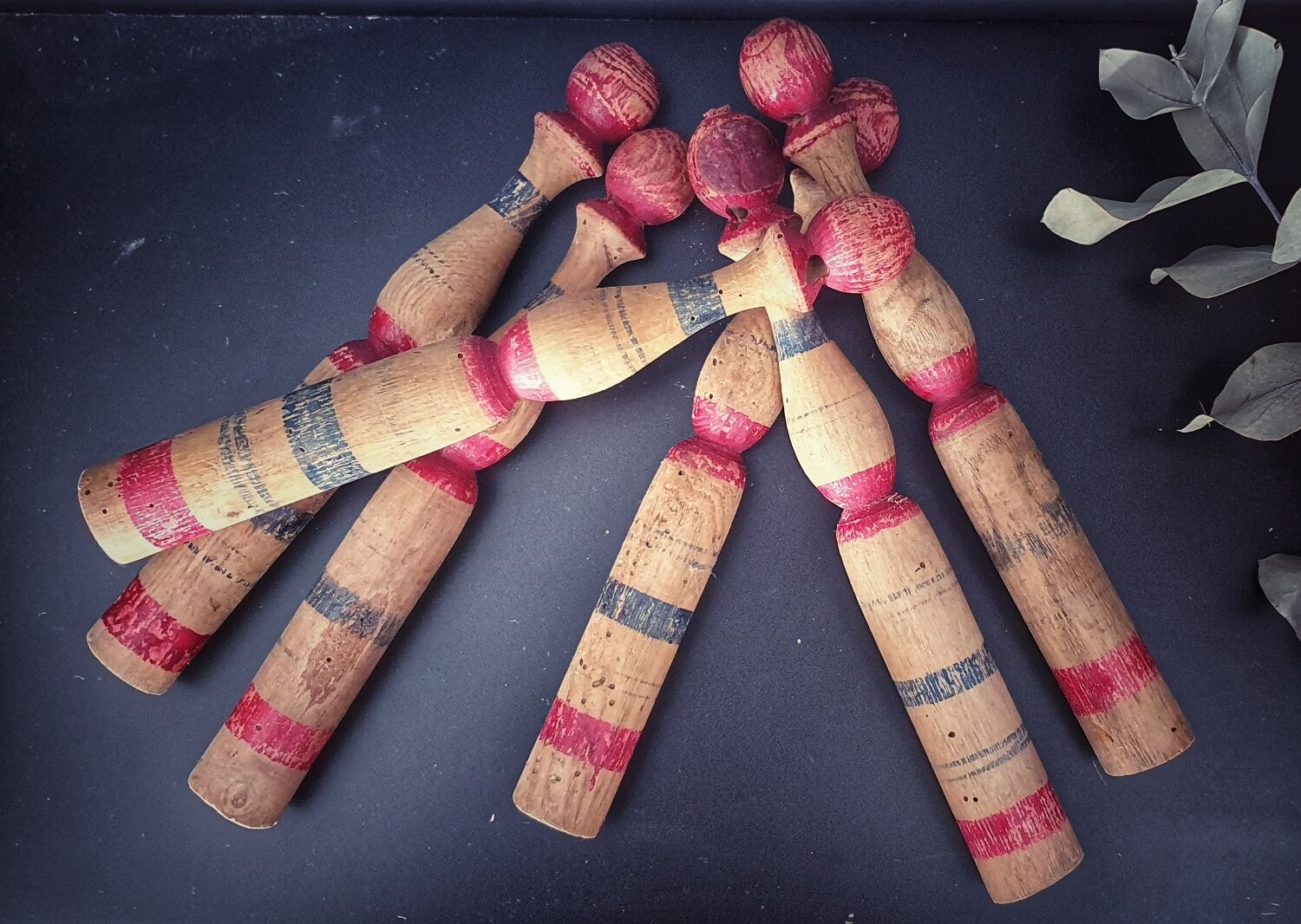 Set of 6 old wooden pins