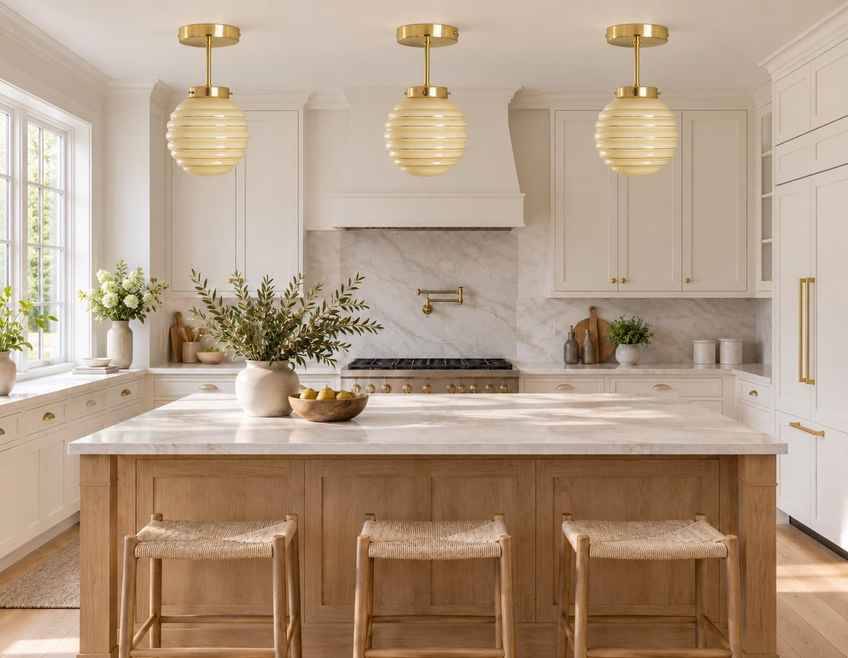 Set Of 3 Art Deco Semi Flush Ceiling Lights | 1940s Beige Hand Blown Glass