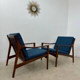Set of 2 Scandinavian design teak armchairs from the 60s, new blue fabric