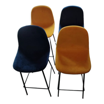 4 blue and yellow velvet bar stools