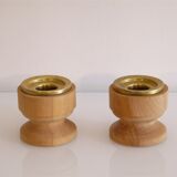 Pair of vintage candle holders in wood and brass