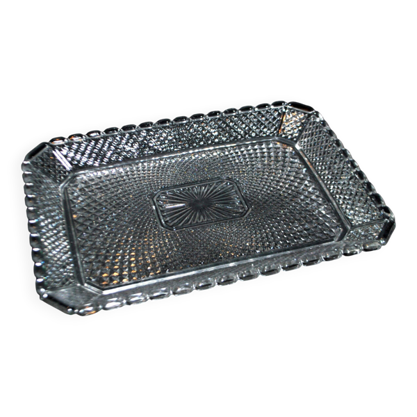 Plateau ancien en cristal moulé rectangulaire 1920