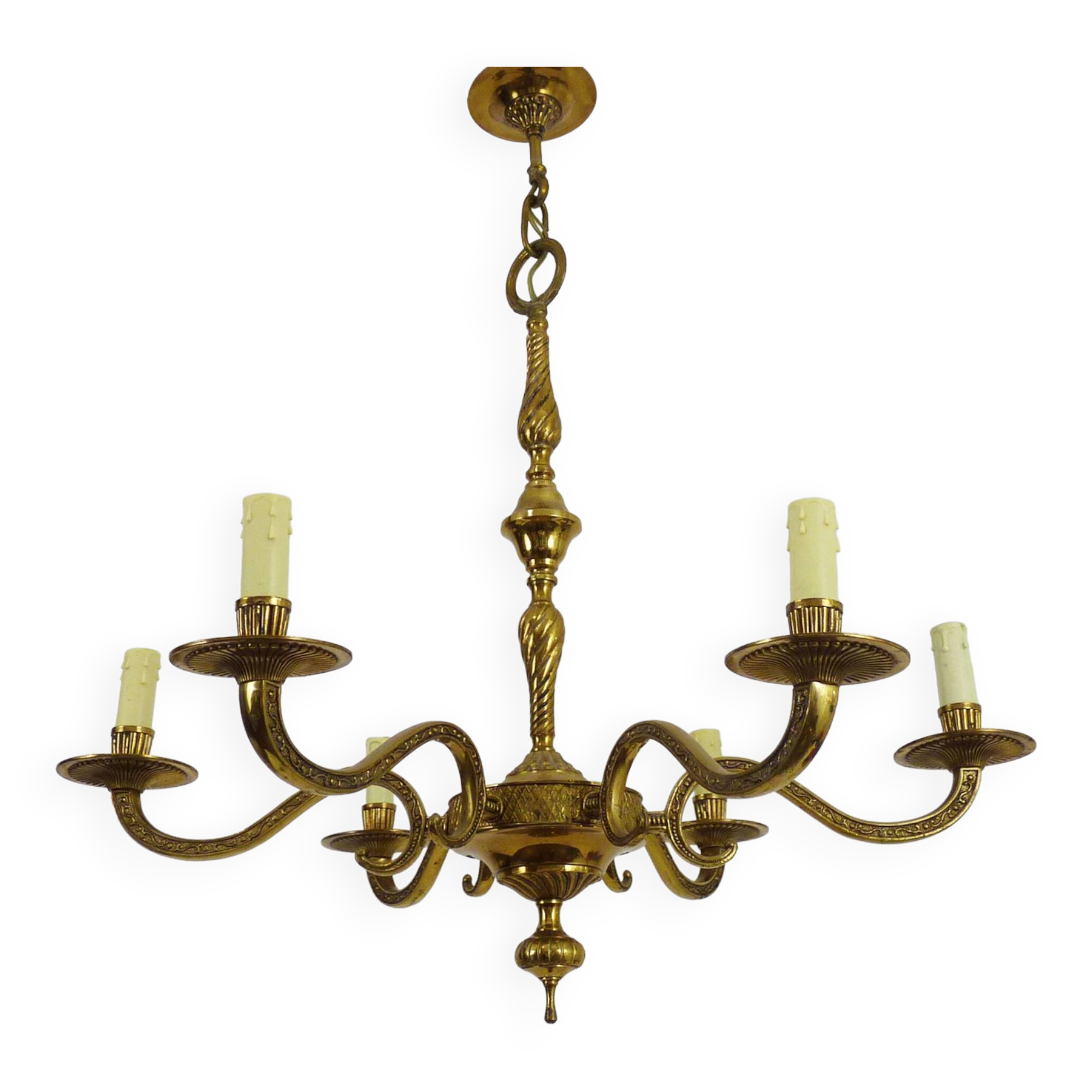 Old chandelier, suspension, light fixture with 6 bronze lights. 70s