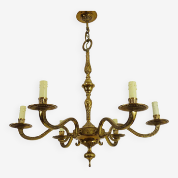 Ancien lustre, suspension, luminaire à 6 feux en bronze. Années 70