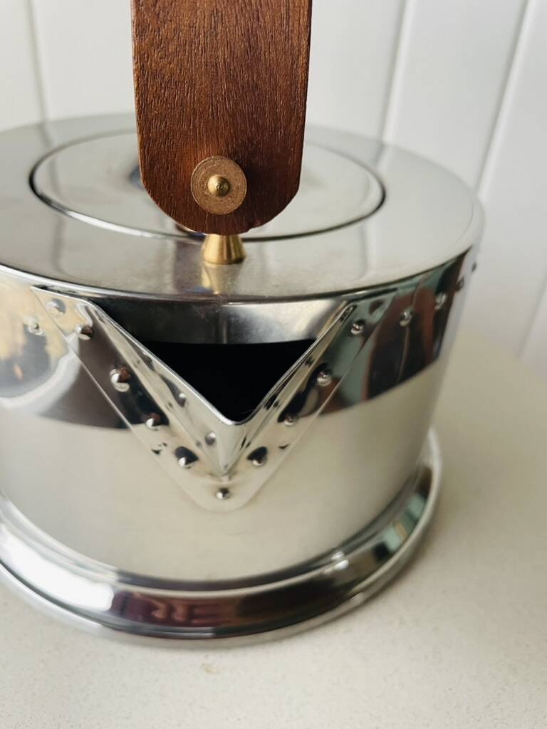 Vintage Bodum Ottoni stainless steel kettle designed by Carsten Jørgensen 1986, button.