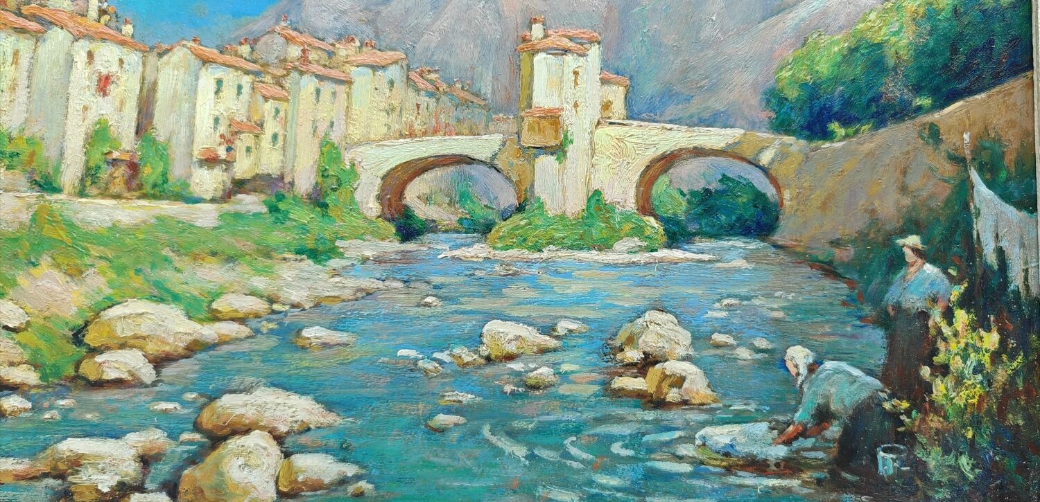 The washerwomen oil on hardboard by Gaston Knecht 1875-1968