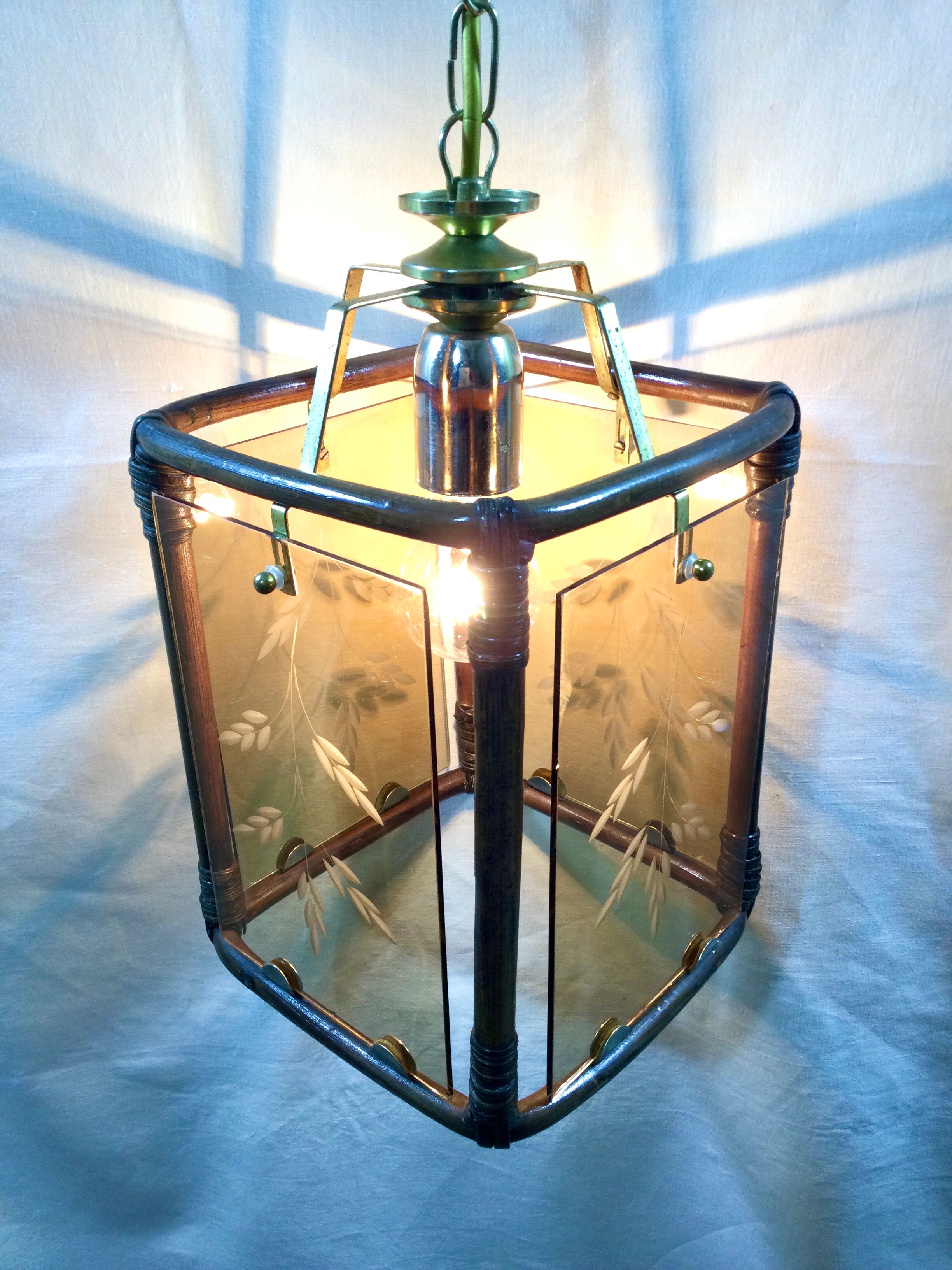 Lantern 1 light bamboo and smoked glasses