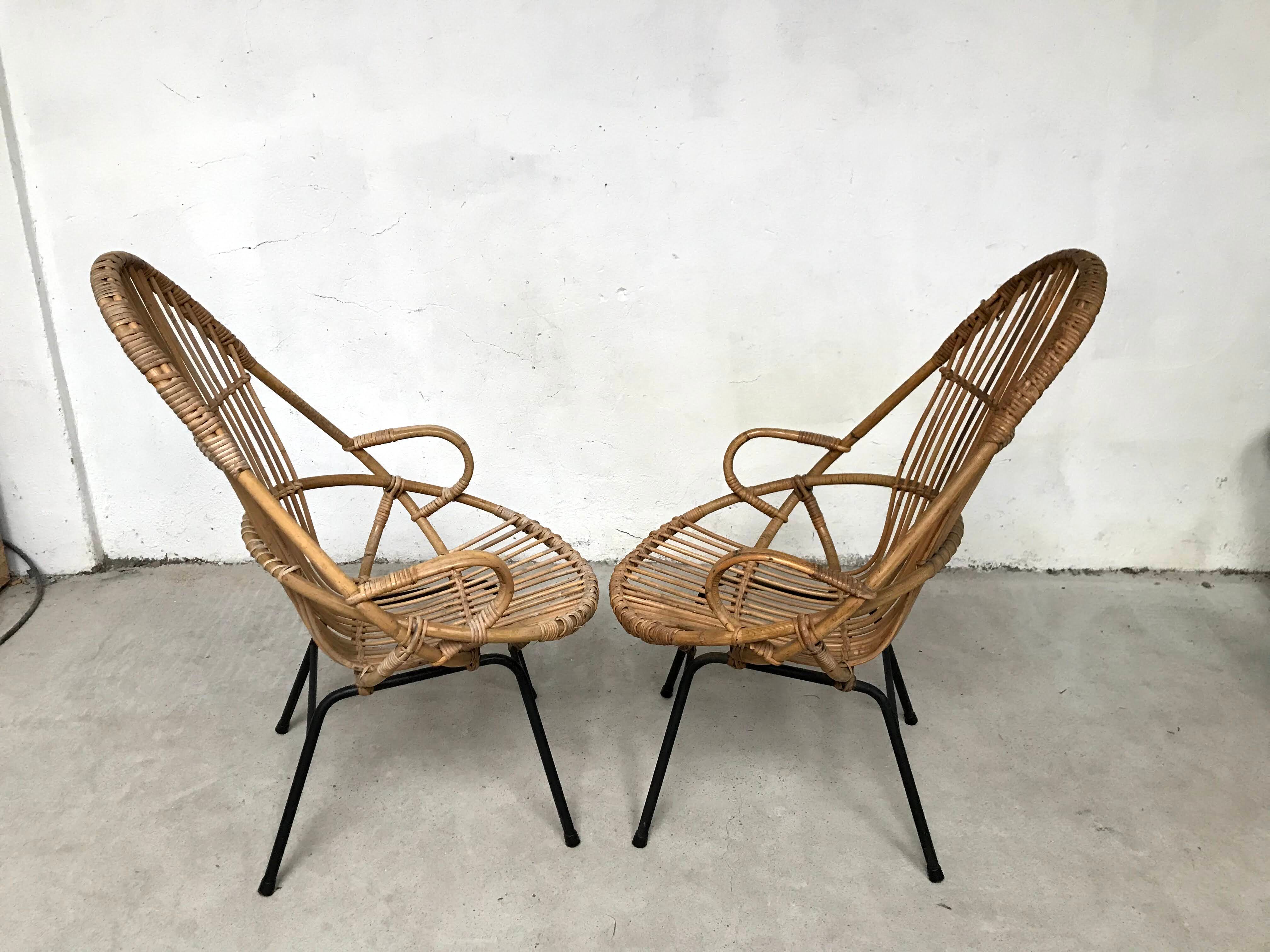 Pair of vintage rattan and bamboo shell chairs 1960s