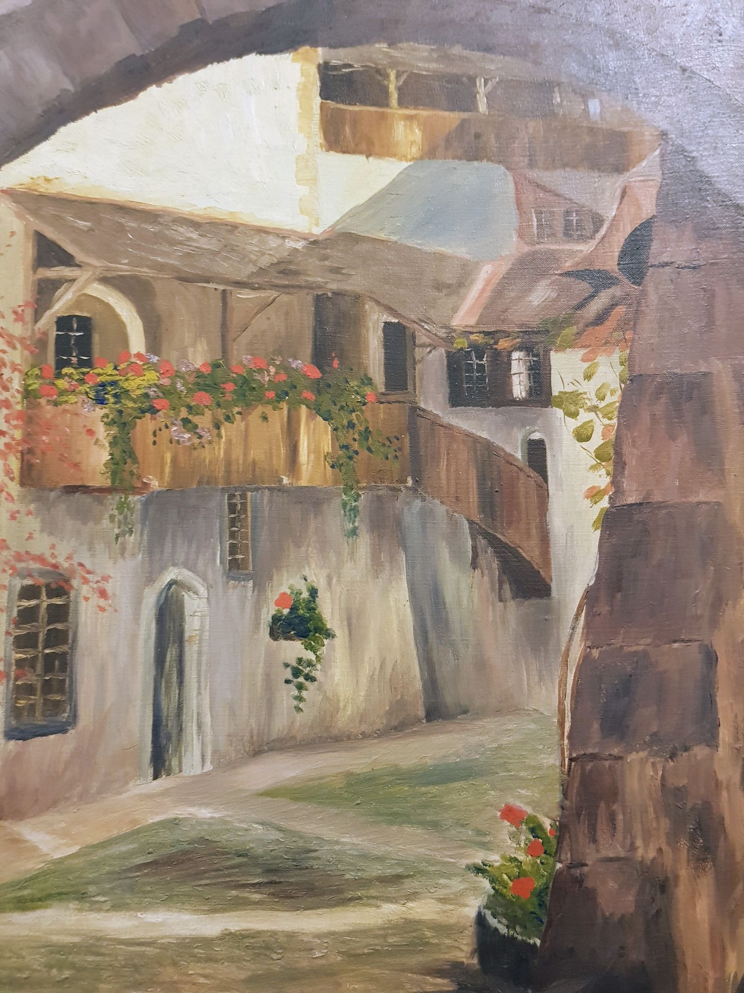 Vintage Oil Painting Swiss Village, 20th Century