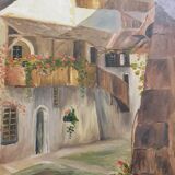 Vintage Oil Painting Swiss Village, 20th Century