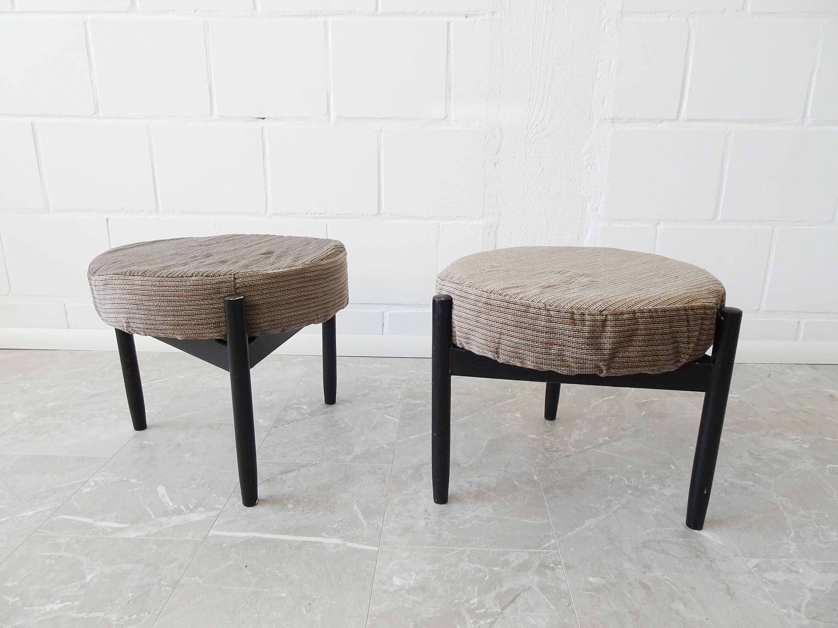 Danish mid century stools on a three-legged wooden frame