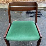 Scandinavian dining table and 4 Hans Olsen style chairs in teak and velvet.