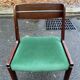 Scandinavian dining table and 4 Hans Olsen style chairs in teak and velvet.