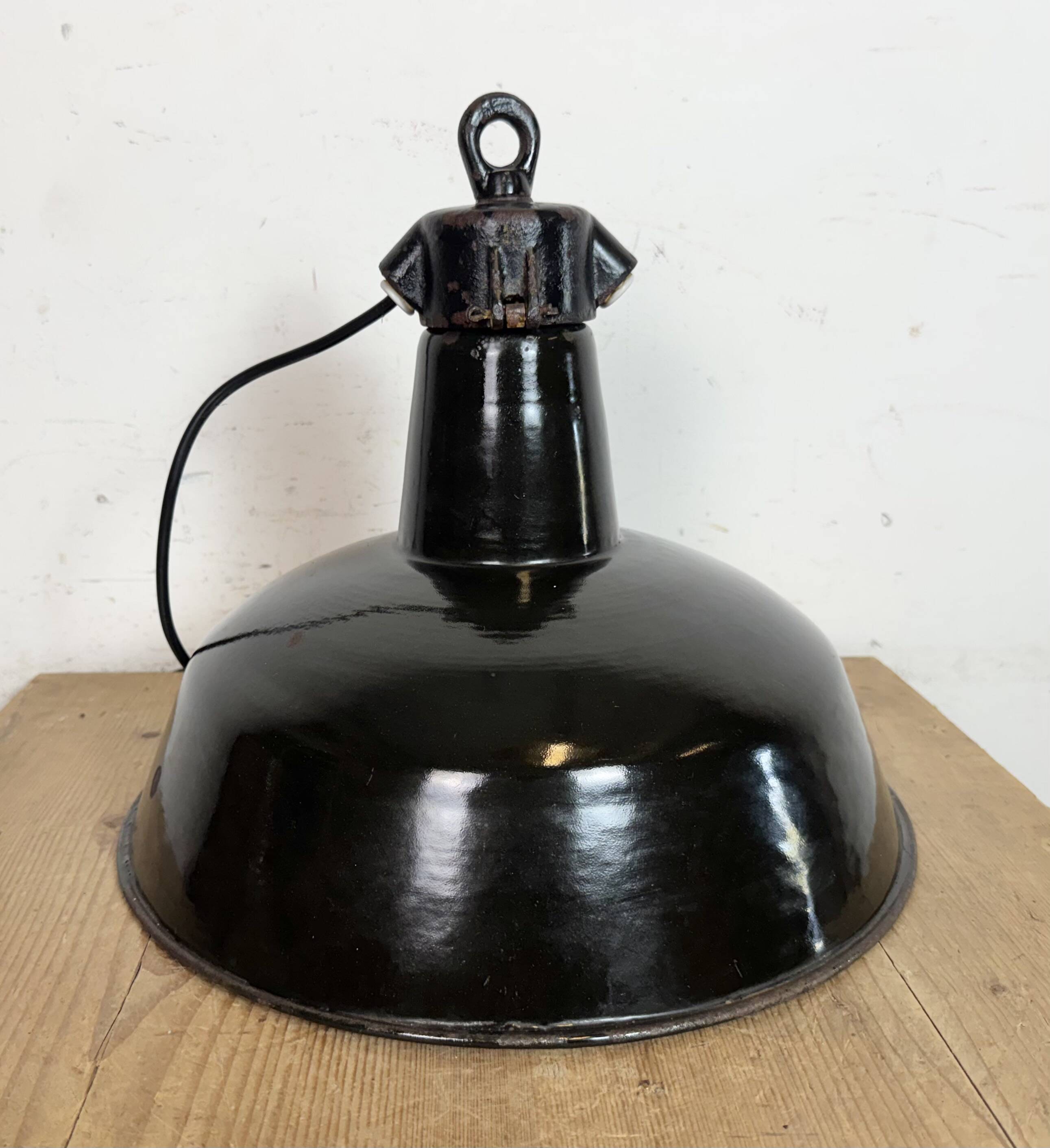 Industrial Black Enamel Factory Lamp with Cast Iron Top, 1950s