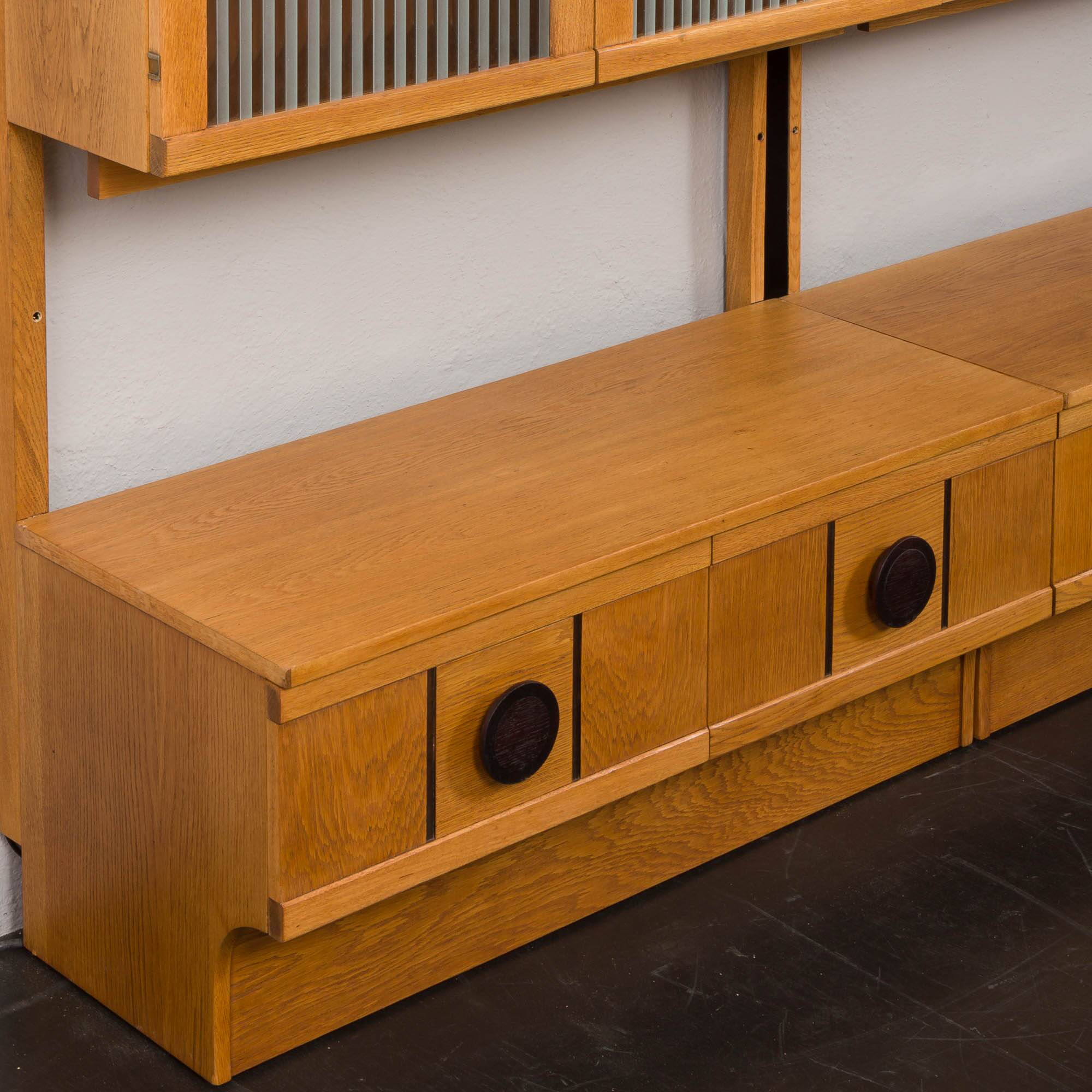 Scandinavian mid century oak wall unit with backlit, Denmark 1970s