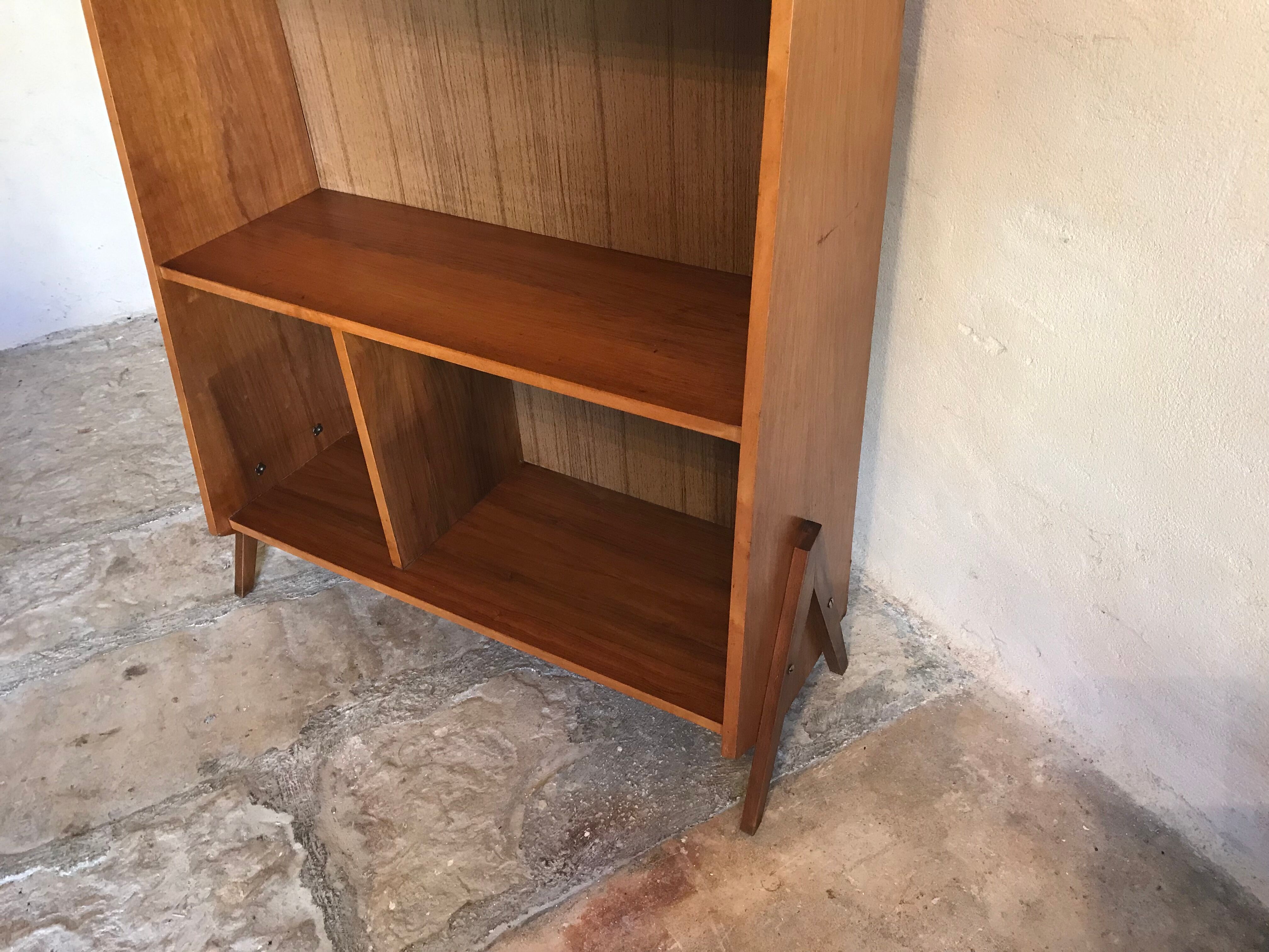 1960's vintage bookcase blond walnut and compass feet