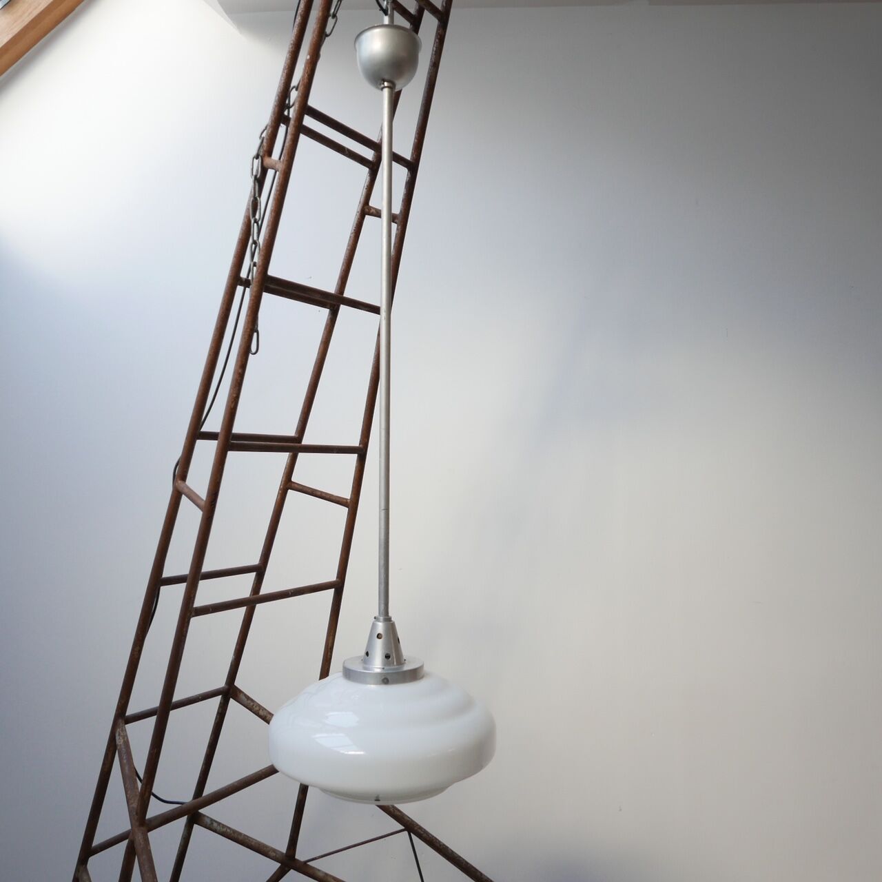 French Holophane Two Tone Glass Opaline Mid-Century Pendants (3)