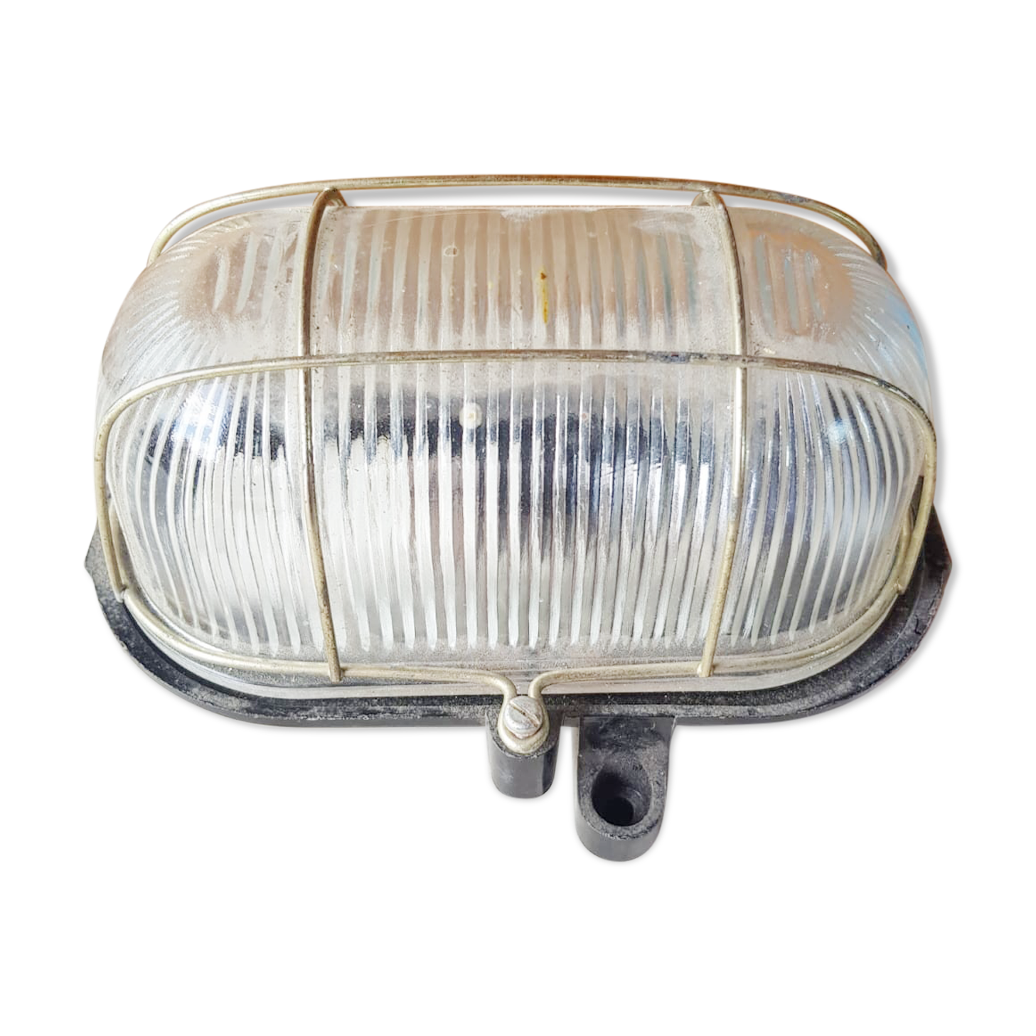 Antique exterior wall light moulded glass & metal grille & black bakelite support