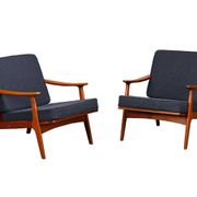 Pair Scandinavian Modern armchairs in teak and dark blue bouclé fabric