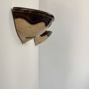 Pair of vintage wall sconces, beige and brown porcelain, France, 1960.