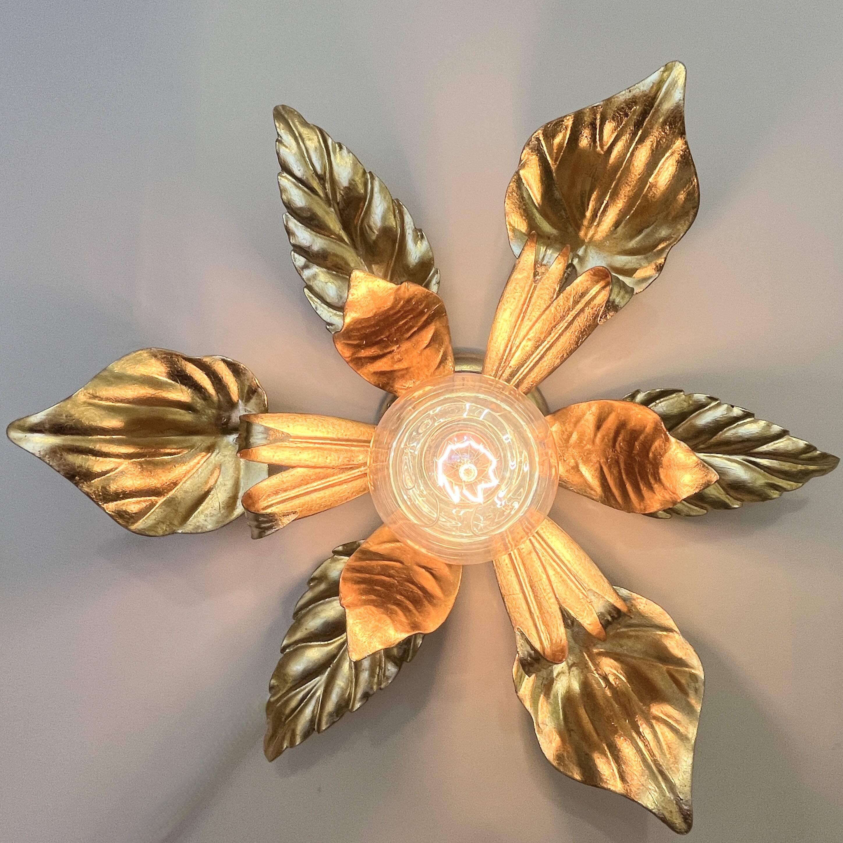 Vintage gold leaf metal flower ceiling light Florentine wall sconce