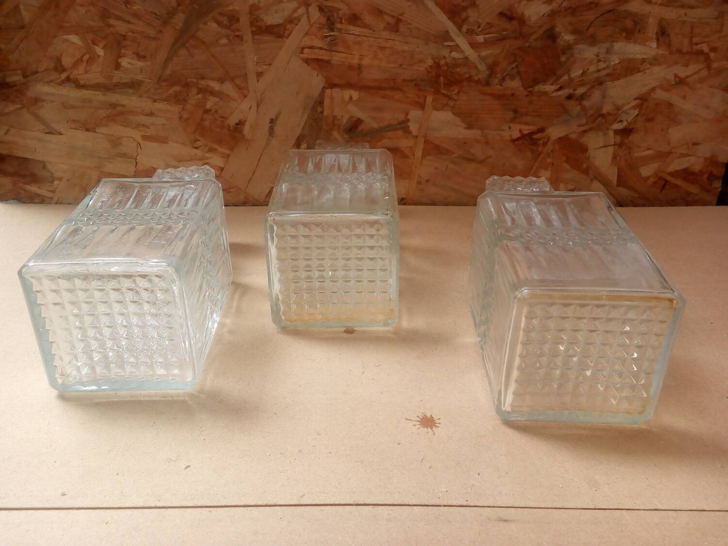 Set of 3 molded glass whiskey liqueur carafes + vintage stoppers