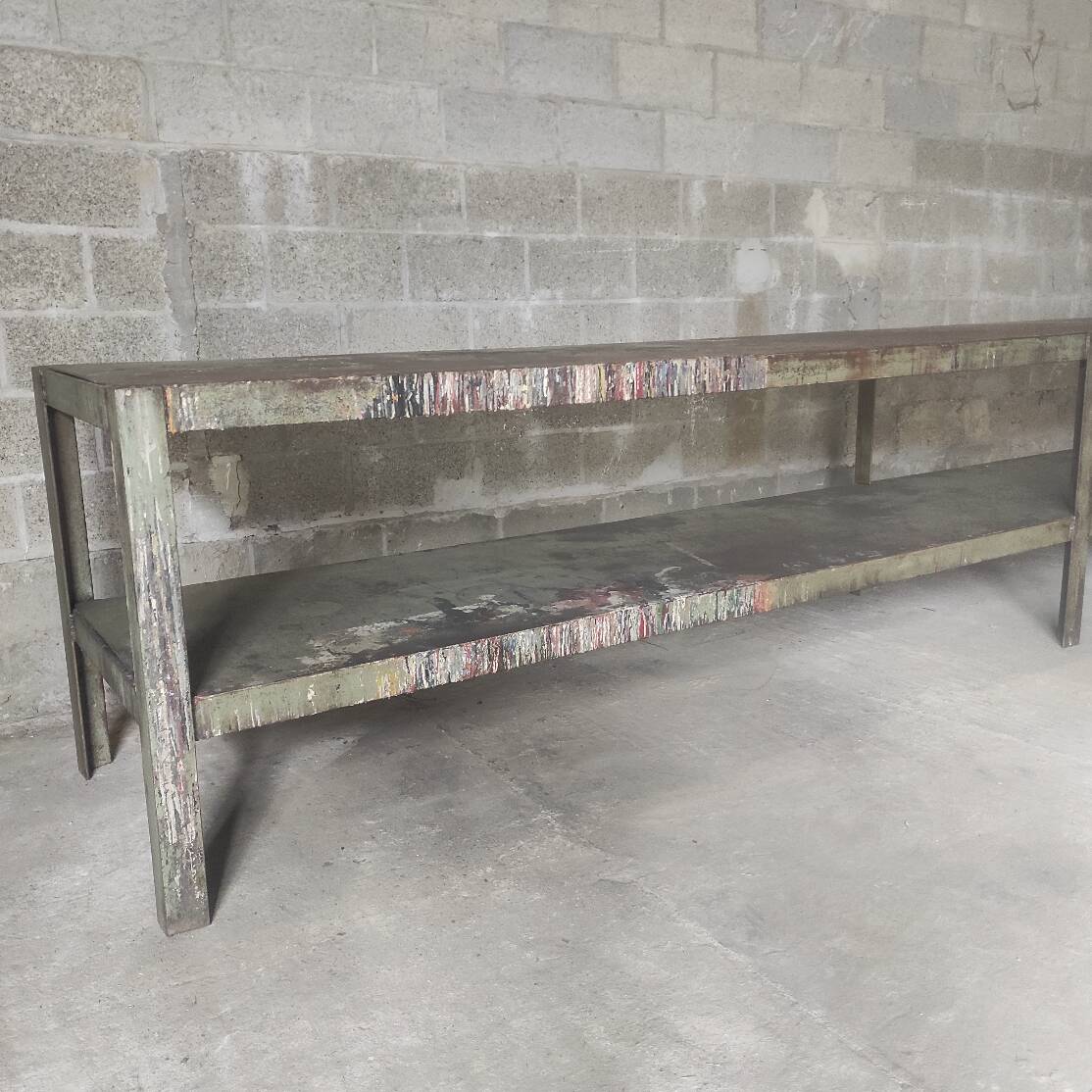 Établi industriel en acier | Table vintage de 5 mètres à deux niveaux