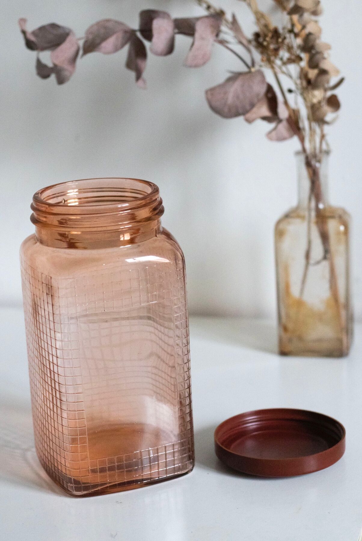 Vintage pink glass grocery jar