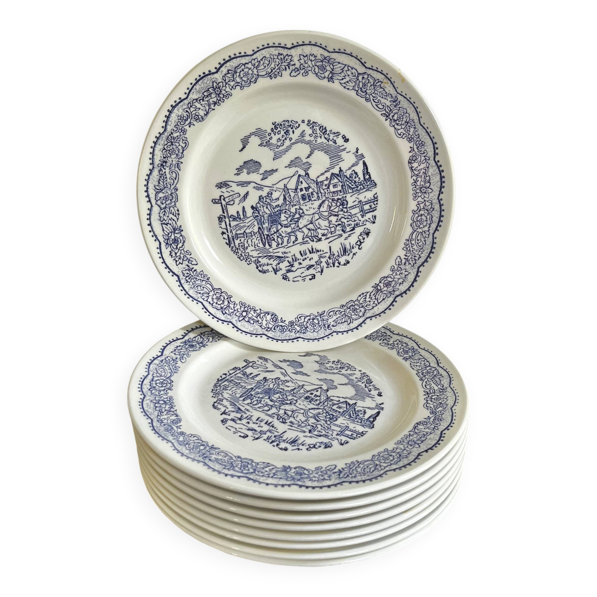 9 assiettes à dessert anglaises décor bleu calèche