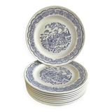 9 English dessert plates with blue carriage decor