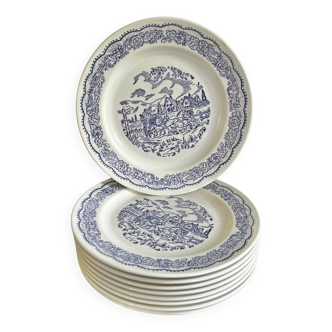 9 assiettes à dessert anglaises décor bleu calèche