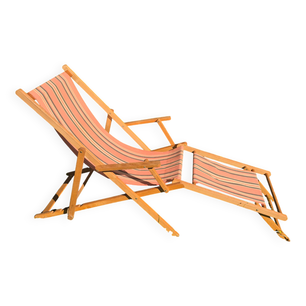 transat chilienne vintage bois et toile a rayures avec repose pied