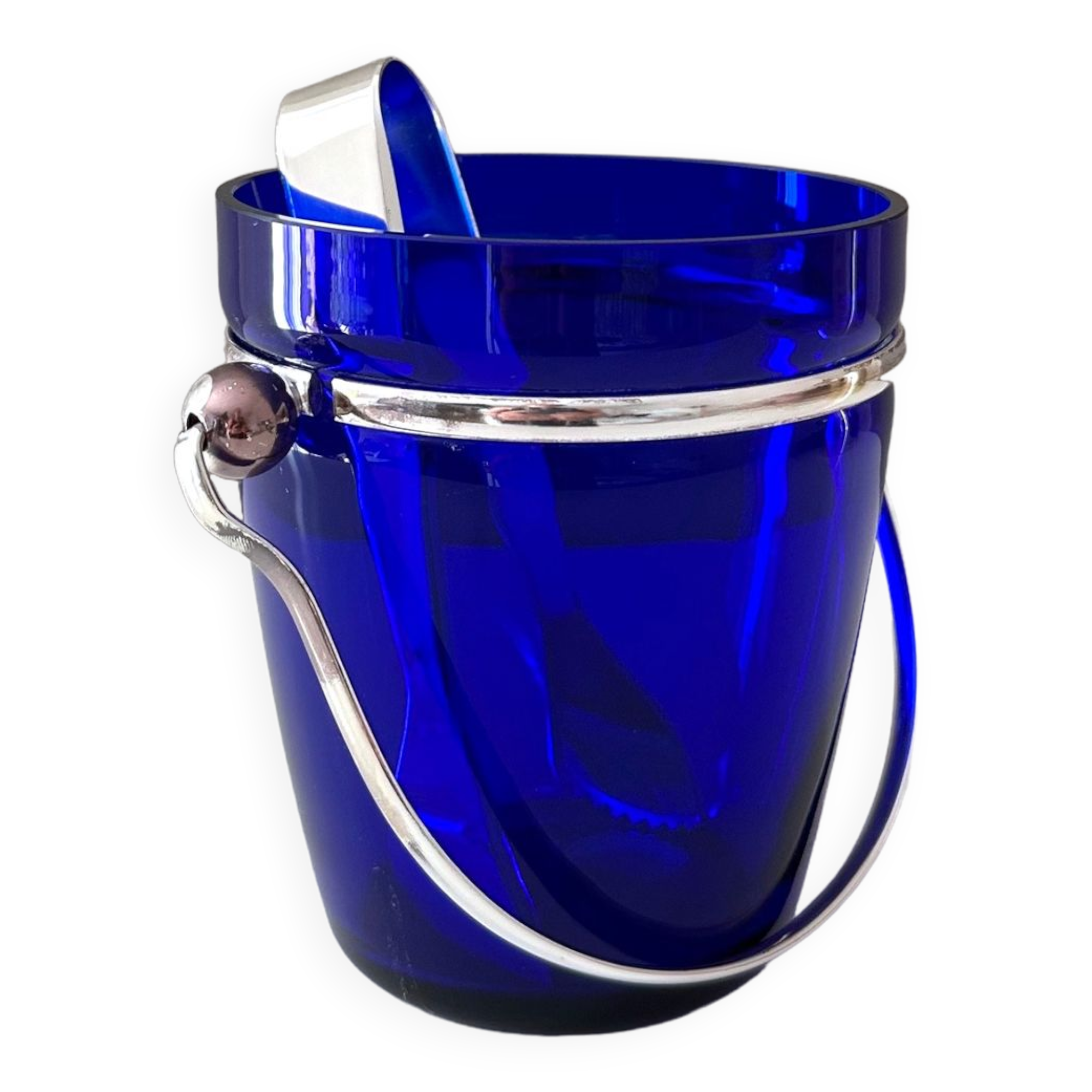 Ice bucket blue, ice cooler silver plated, mid century bareware