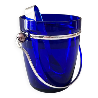 Ice bucket blue, ice cooler silver plated, mid century bareware