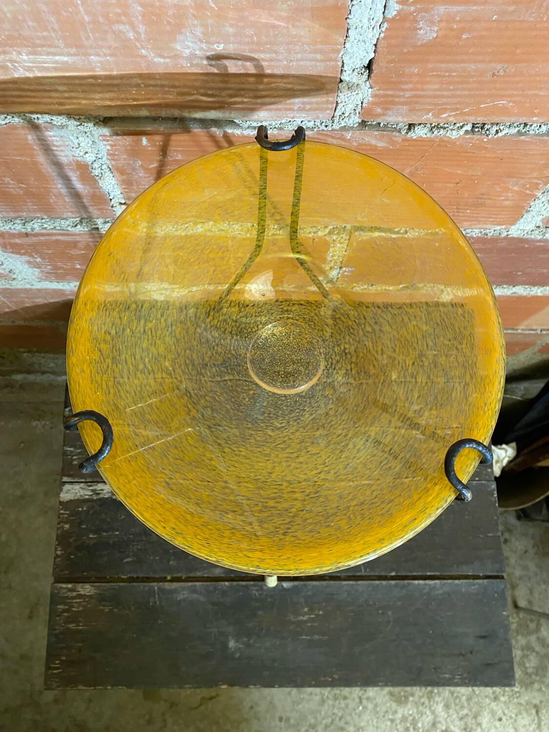 Antique Tripod Side Table Black Metal & Yellow Glass Bowl Years