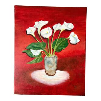 Huile sur toile bouquet de fleurs sur fond rouge signé vintage