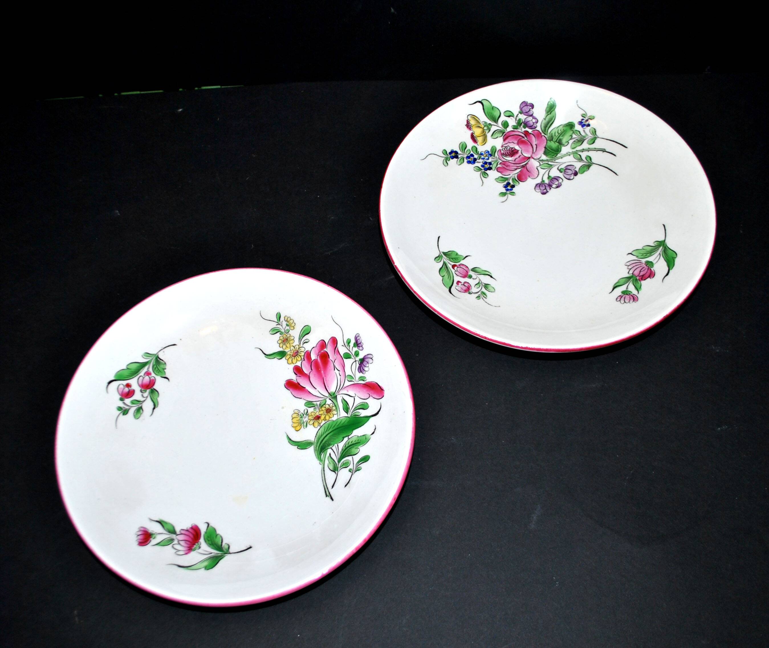 Set of 2 Lunéville earthenware lentil plates with floral decor, Street lamp 17cm