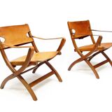 Two 1950s Danish Safari Chairs In Oak & Hide Leather by Poul Hundevad