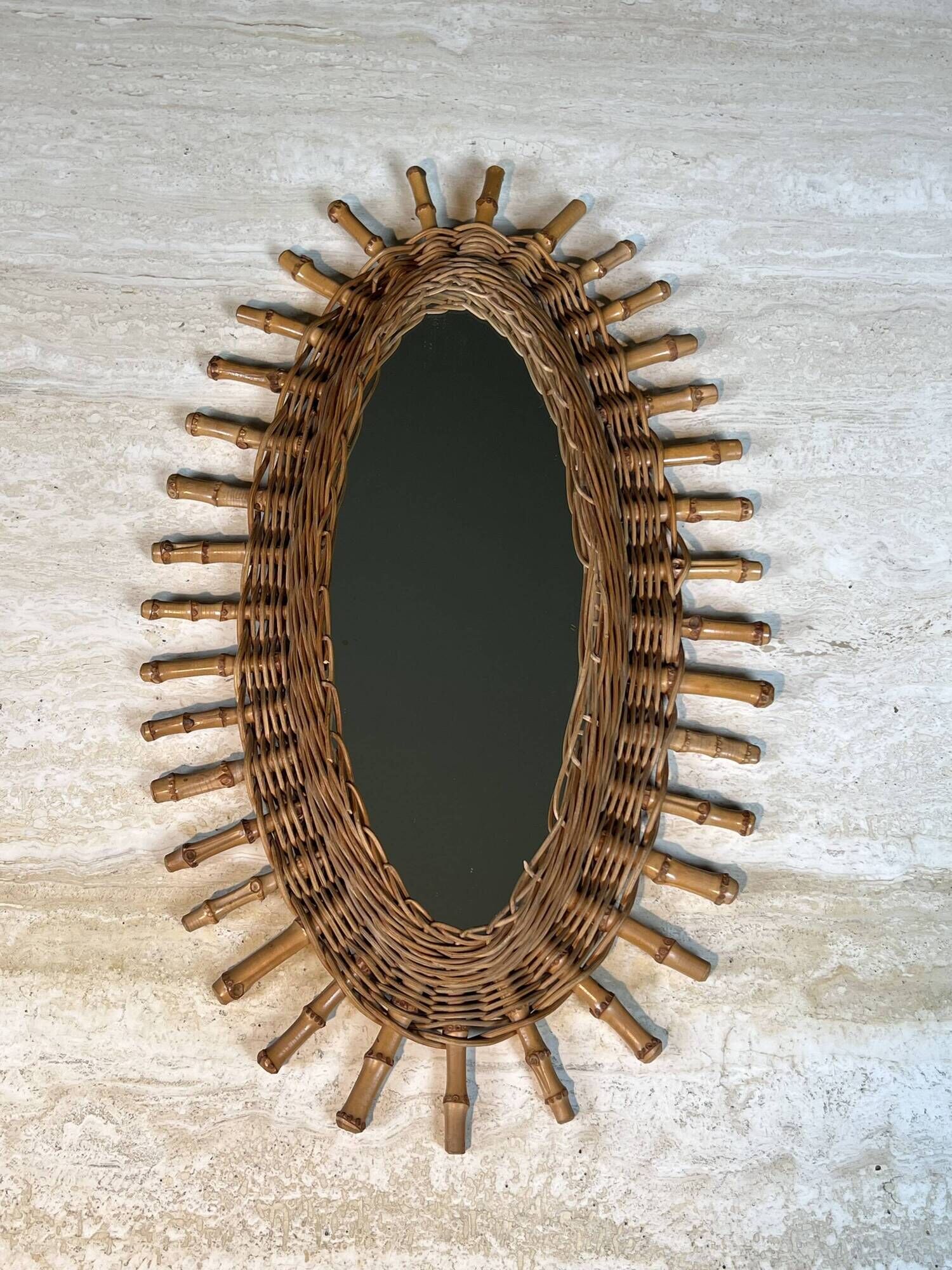 Oval Mirror in Rattan. Woven Willow and Bamboo. French Work from the Riviera.