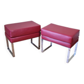 Pair of ottomans in carmine red faux leather and chrome metal 1980s