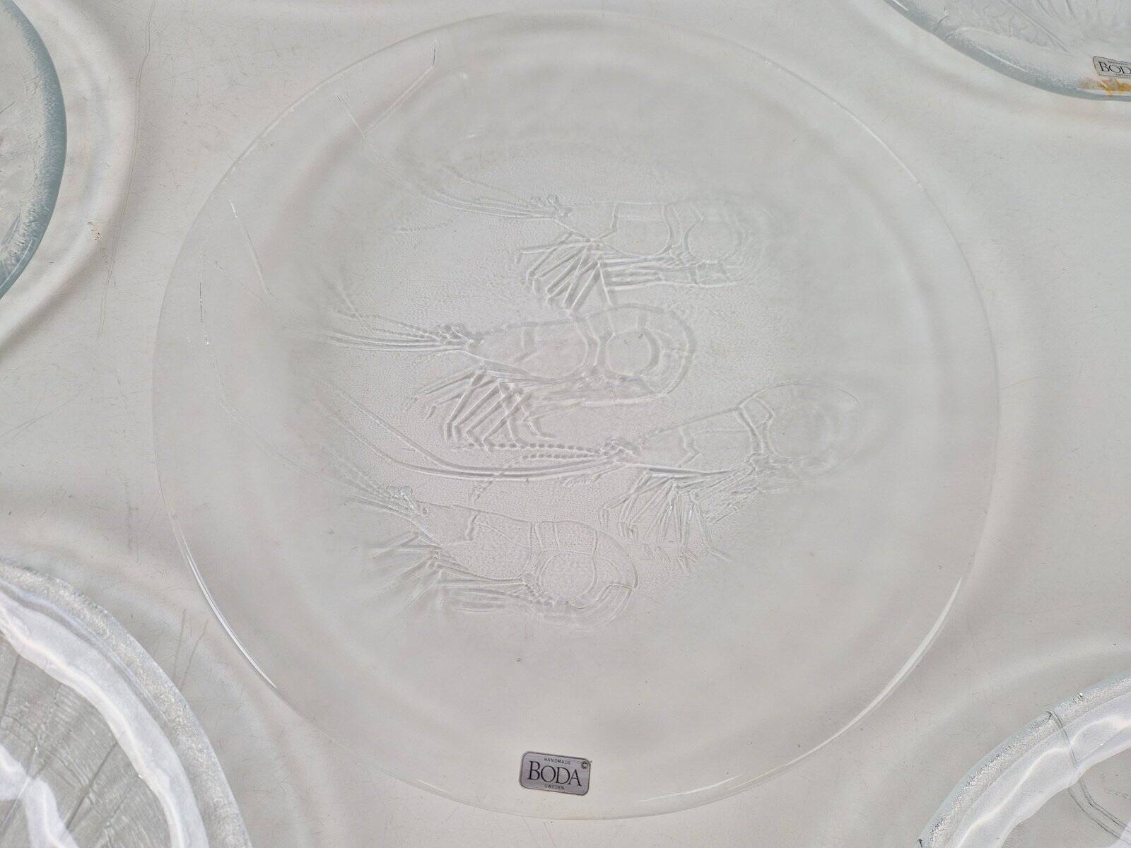Vintage Glass Seafood Serving Bowl, Plate and Dinner Plates by Ann Warff for Kosta Boda, Sweden, 1970s, Set of 8
