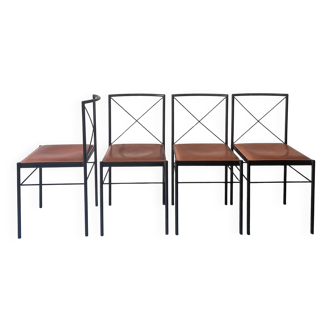 Lot de 4 chaises design en métal et cuir cognac Arrben Italy