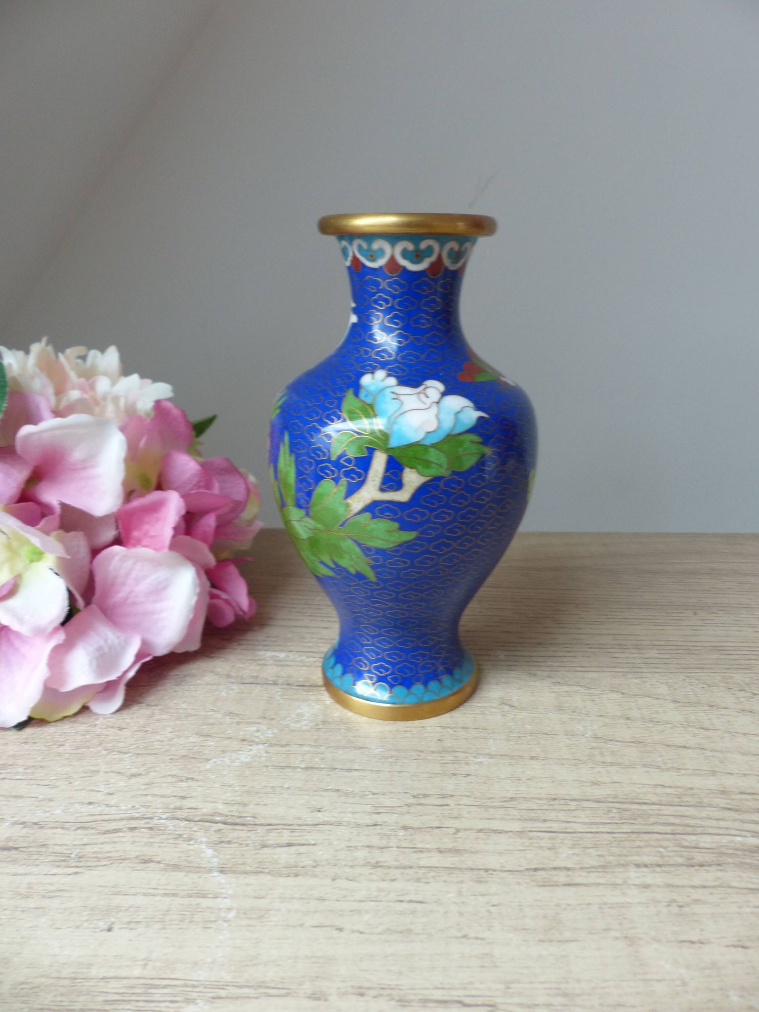 Old small blue cloisonné brass vase with pink peony flower motif