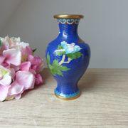 Old small blue cloisonné brass vase with pink peony flower motif